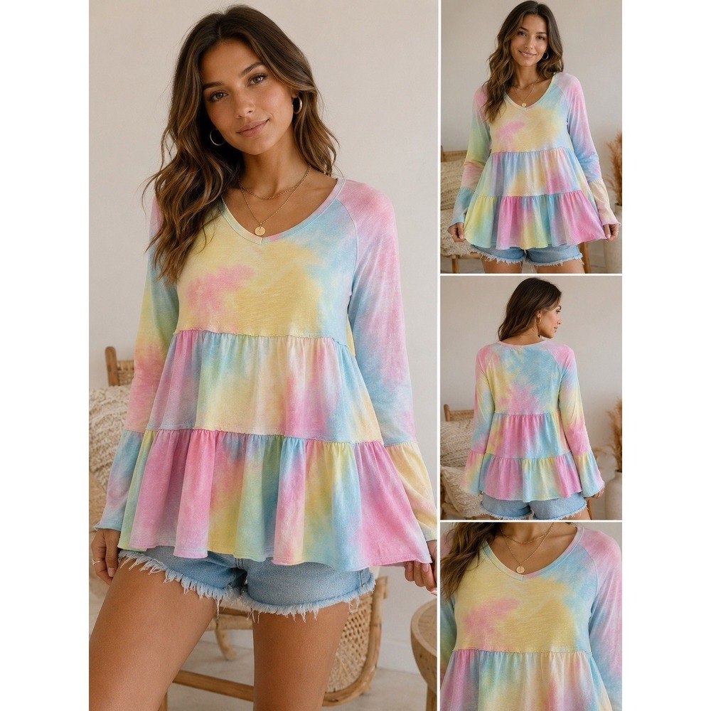 ODDI Tie Dye Tiered Babydoll Tunic Top Women's S Soft Girl Coquette Pastel Boho